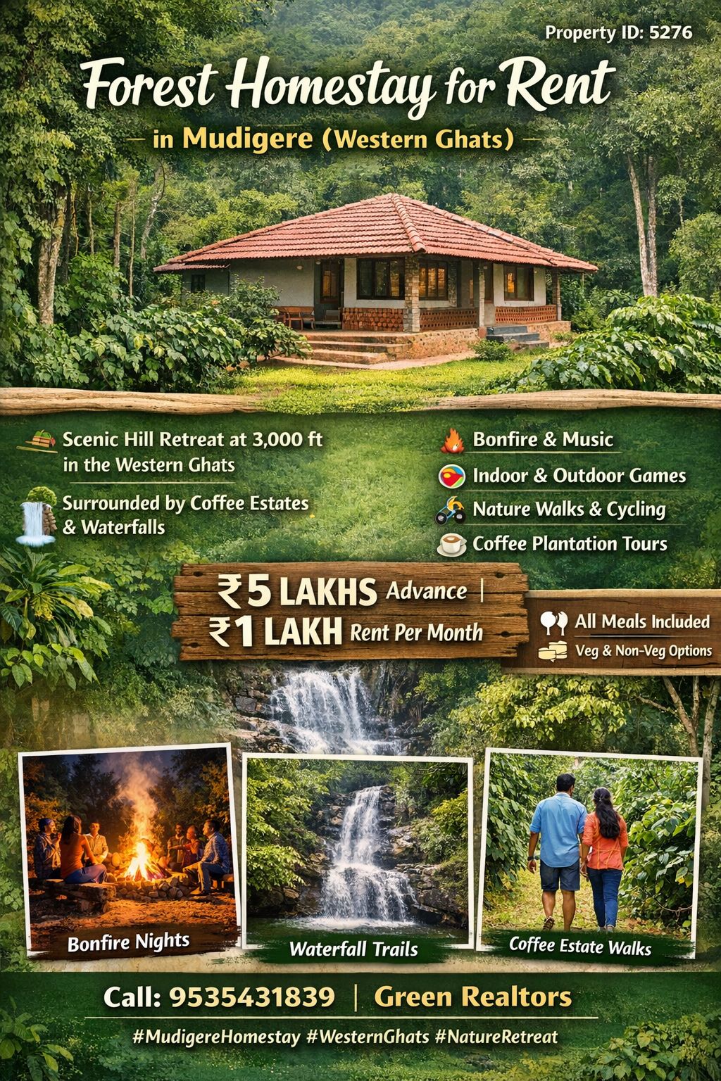 *property id 5276*  *5 rooms homestay for rent in Mudigere*